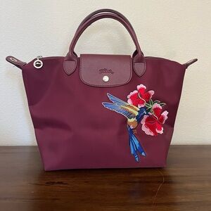 Longchamp Le Pliage Neo Burgundy Two Way Embroidered Hummingbird Medium Tote Bag